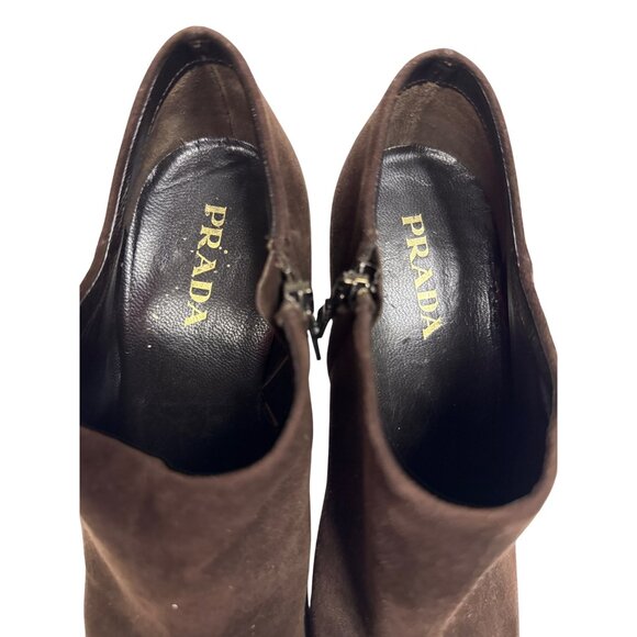 Prada Women's Vero Cuoio Bootie Heeled Zip Brown Suede Italy Size EU 39 US 8 - Picture 9 of 11